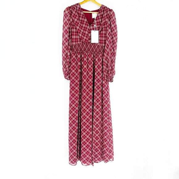 Gal Meets Glam New Red Maroon Plaid Long Puff Sleeve V- Neck Robyn Maxi Dress 2 - Picture 4 of 13
